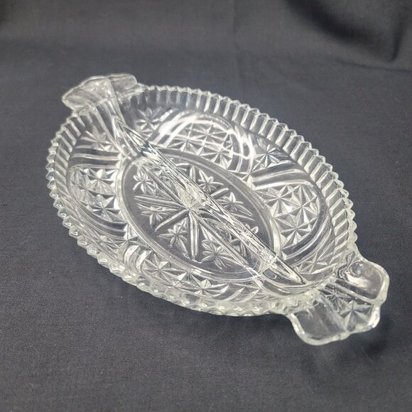 Oval Cut Glass Low Split Bowl Dish Sawtooth 10.5 x 6.5 x 2 Inches - Picture 4 of 6